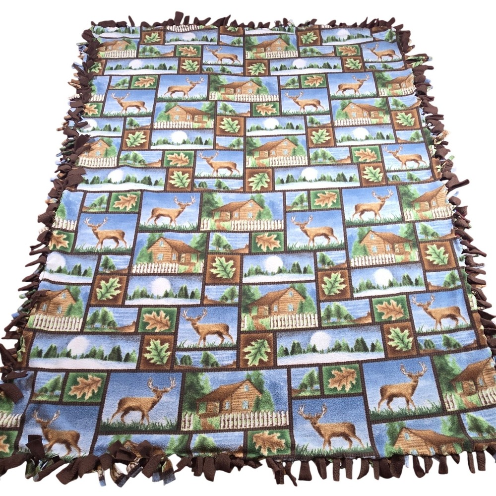 Handmade Fleece Tie Blanket Throw Deer Cabin Autumn Fall Brown 63" x 48"